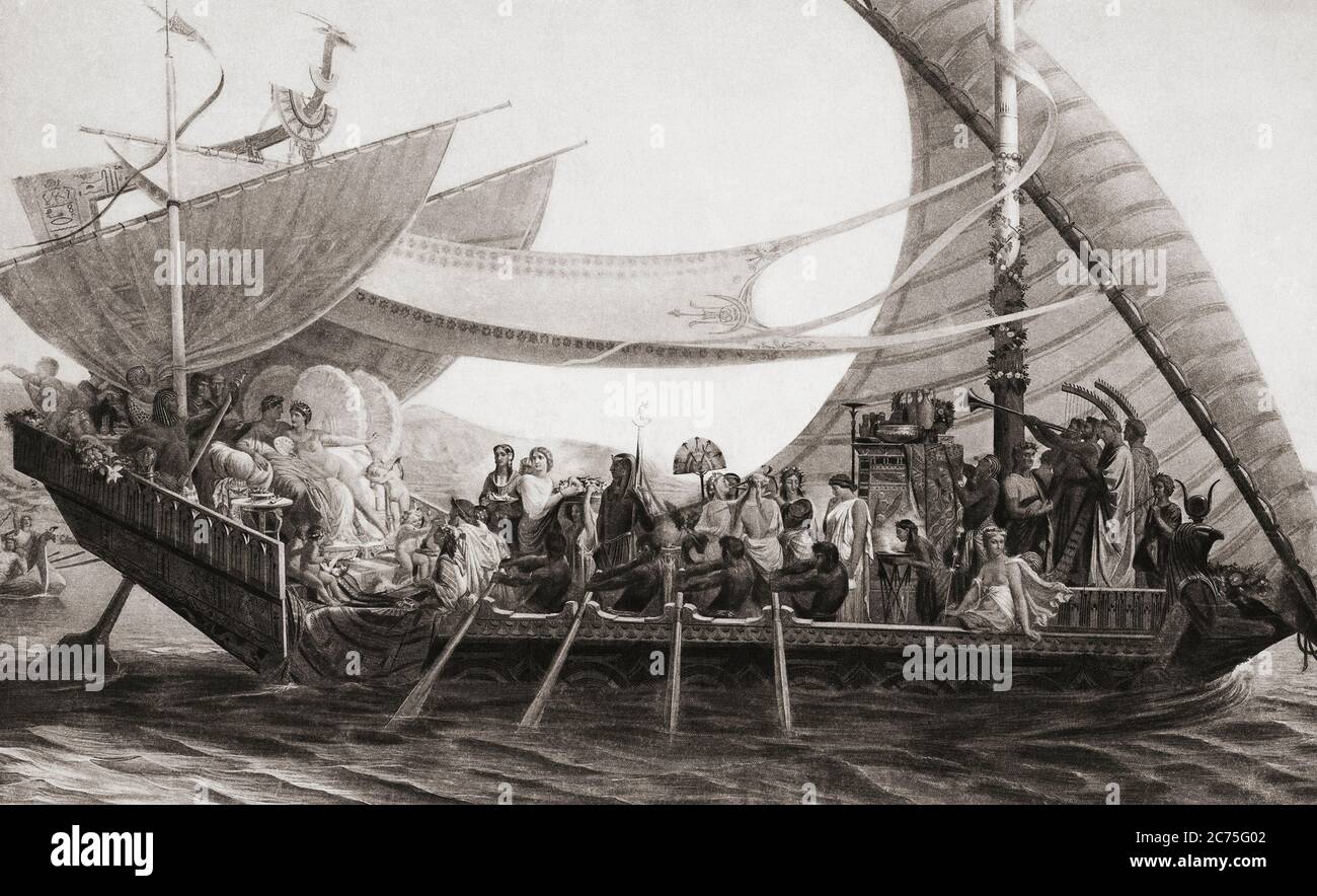 Marc Antony and Cleopatra aboard her royal barge.  After a painting by French artist Henri-Pierre Picou in the book Triumphs of Modern Art, published 1891. Stock Photo