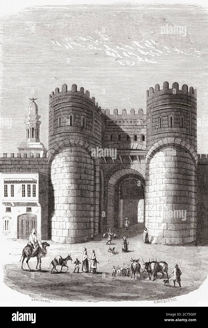 The Bab al Futuh (Conquest Gate), old city of Cairo, Egypt, seen here in the 19th century.  From Monuments de Tous les Peuples, published 1843. Stock Photo