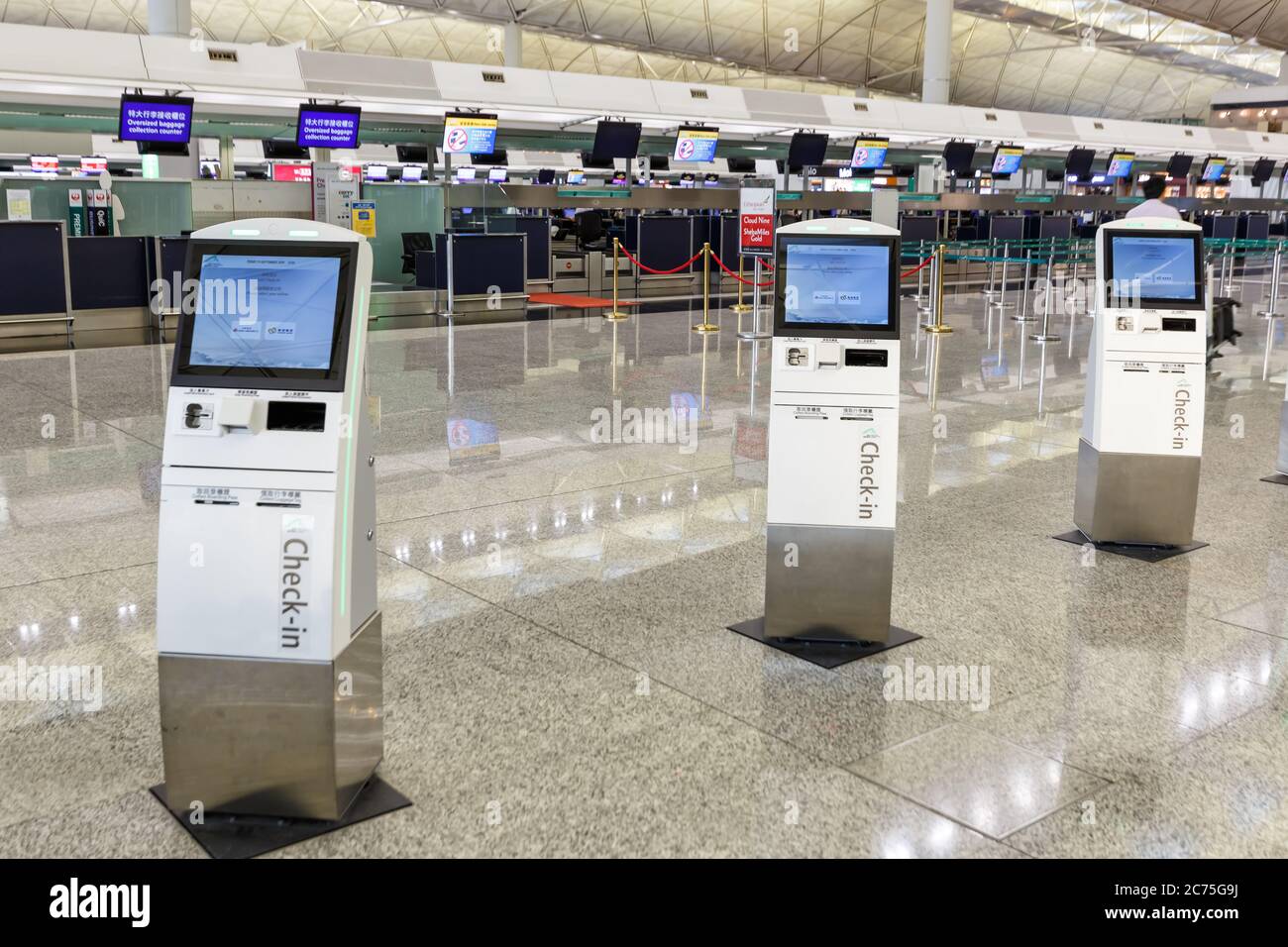 Hong Kong, China - September 20, 2019: Check-in machines at Hong Kong airport (HKG) in China. Stock Photo