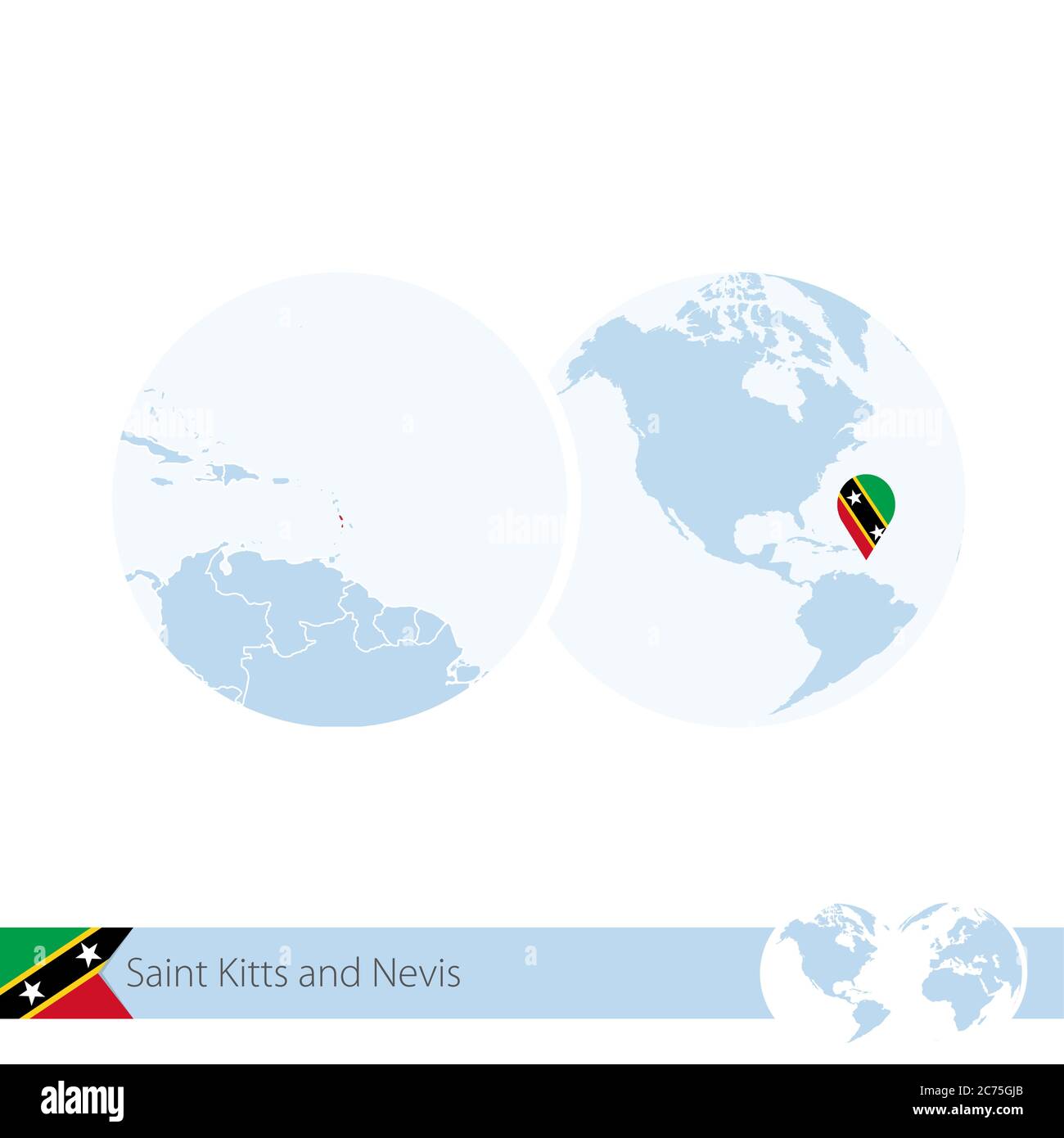 Saint Kitts and Nevis on world globe with flag and regional map of Saint Kitts and Nevis. Vector