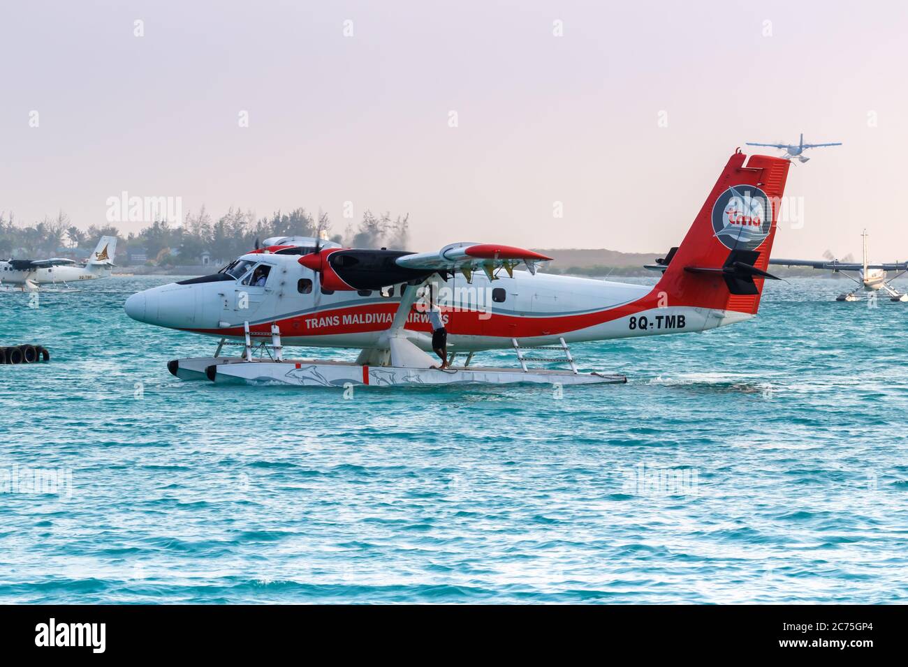 Male, Maldives - February 20, 2018: TMA - Trans Maldivian Airways De Havilland Canada DHC-6-300 Twin Otter seaplane at Male airport (MLE) in the Maldi Stock Photo