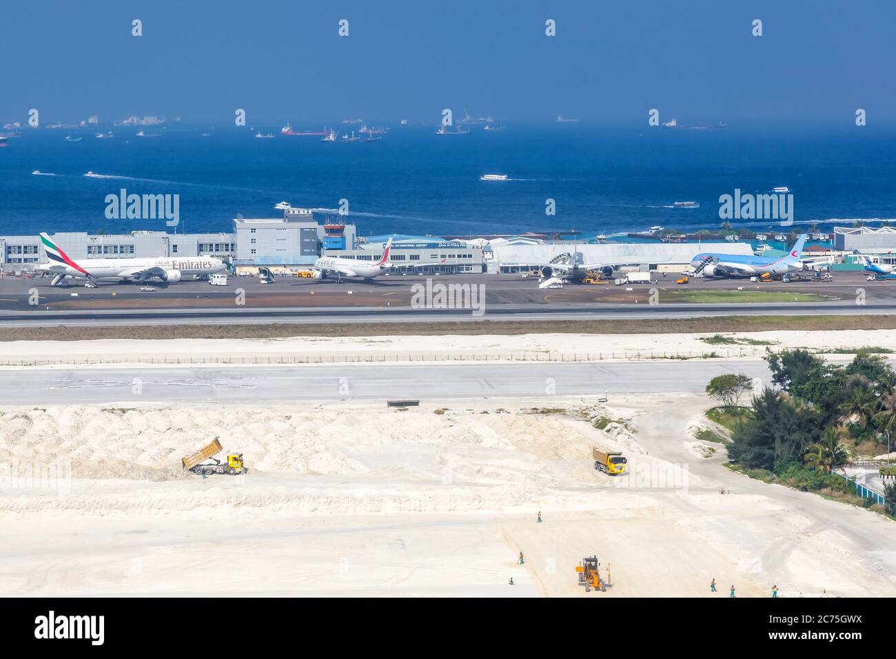 Male, Maldives - February 20, 2018: Terminal aerial view of Male airport (MLE) in the Maldives. Stock Photo
