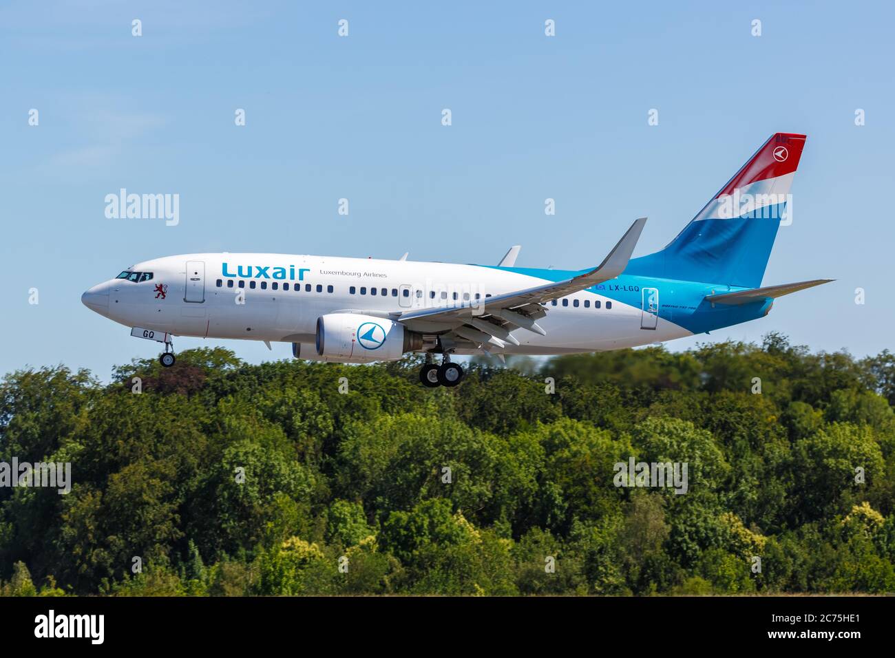 Findel, Luxembourg - June 24, 2020: Luxair Boeing 737-700 airplane at Findel airport (LUX) in Luxemburg. Boeing is an American aircraft manufacturer h Stock Photo