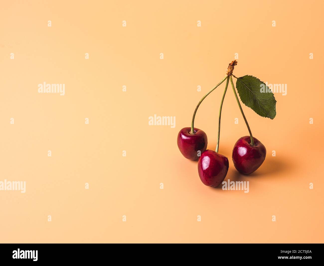 Cherry on yellow creamy background. Fresh ripe sweet cherry bunch with 3 berries and green leaf with copy space left. Horizontal. Healthy eating, veganism and summer concept Stock Photo