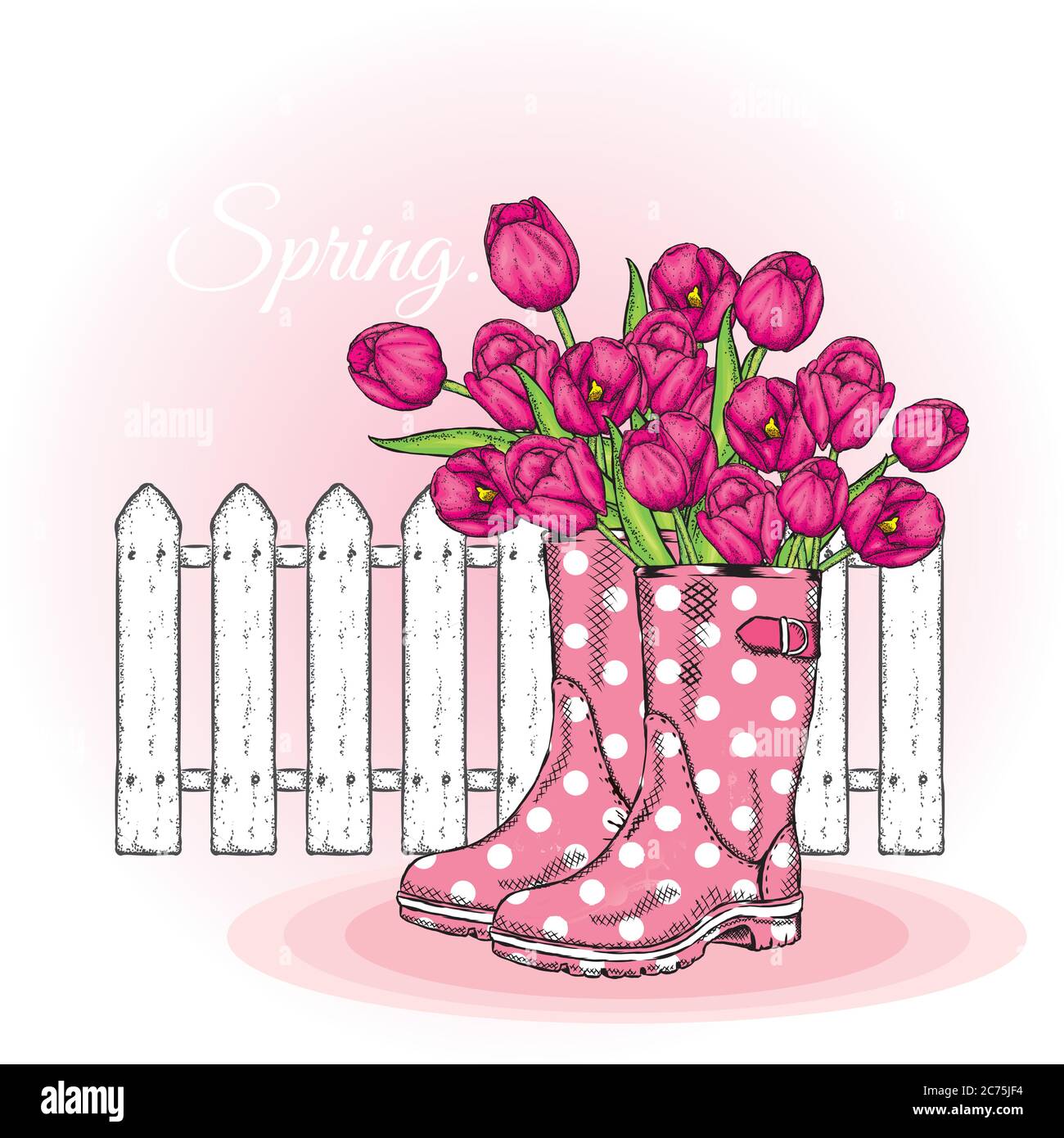 Bouquet of tulips in a beautiful polka dot rubber boots. Vector ...