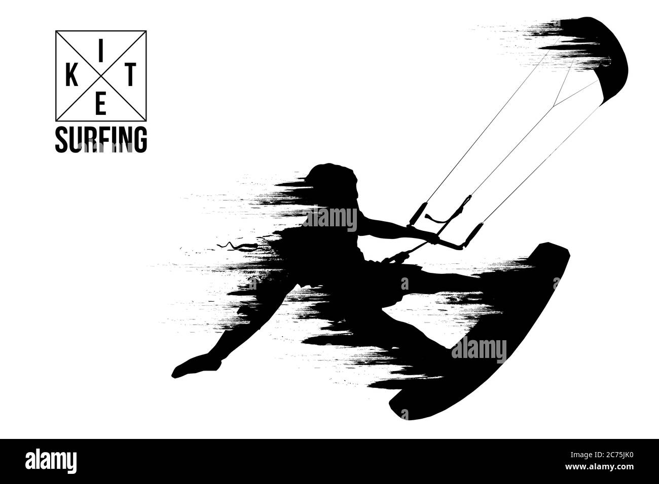Kitesurfing and kiteboarding. Silhouette of a kitesurfer. Man in a jump performs a trick. Big air competition. Vector illustration. Thanks for watchin Stock Vector