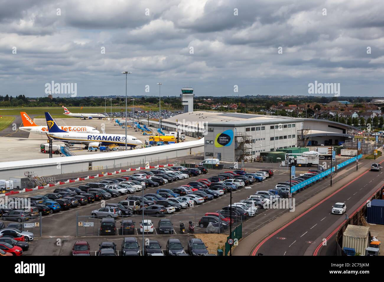 Southend, United Kingdom - July 7, 2019: Ryanair and EasyJet airplanes at London Southend airport (SEN) in the United Kingdom. Stock Photo