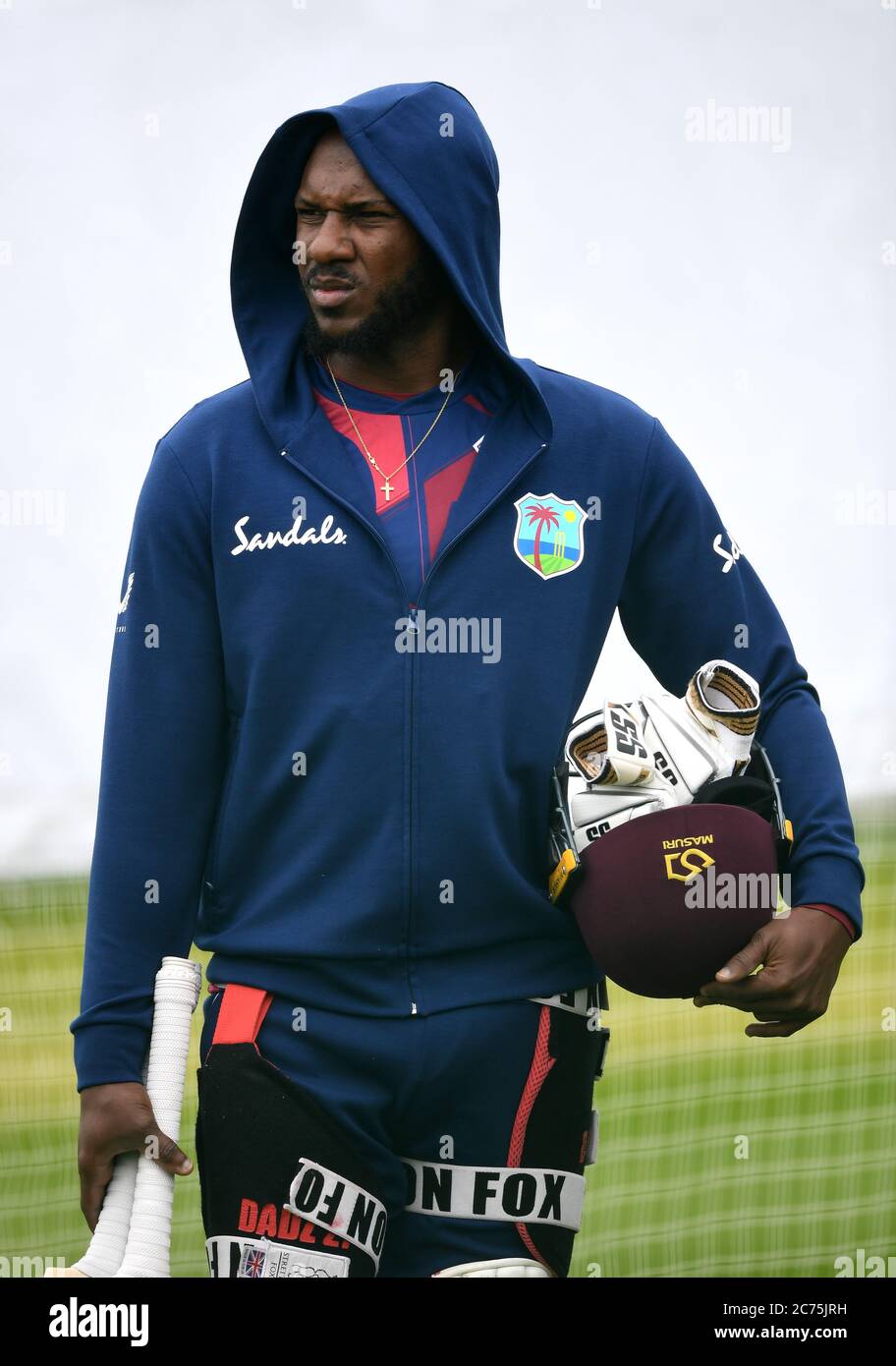 West Indies' Preston McSween during a nets session at Old Trafford, Manchester. Stock Photo