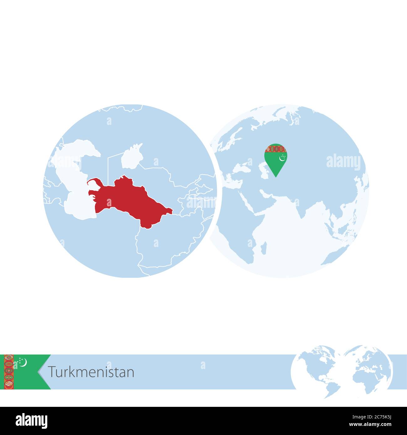 Turkmenistan on world globe with flag and regional map of Turkmenistan. Vector Illustration