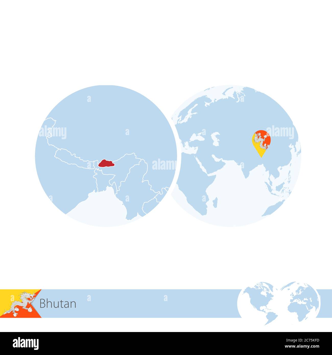 Bhutan On World Globe With Flag And Regional Map Of Bhutan Vector Bhutan On World Globe With Flag And Regional Map Of Bhutan Vector Illustration 2C75KFD