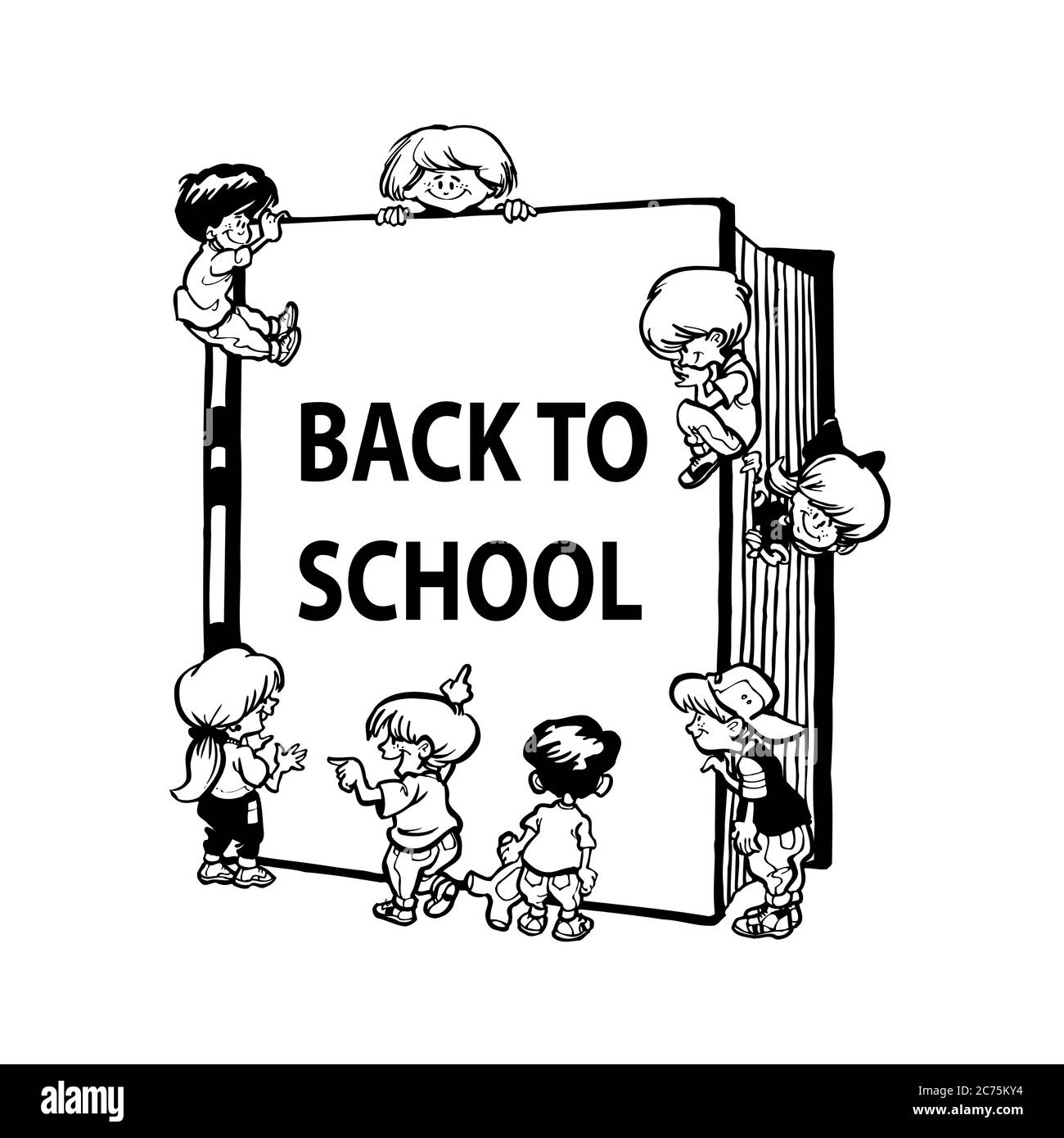 Happy cute little kids boy and gir playl with book on black and white vector illustration. back to school Stock Vector
