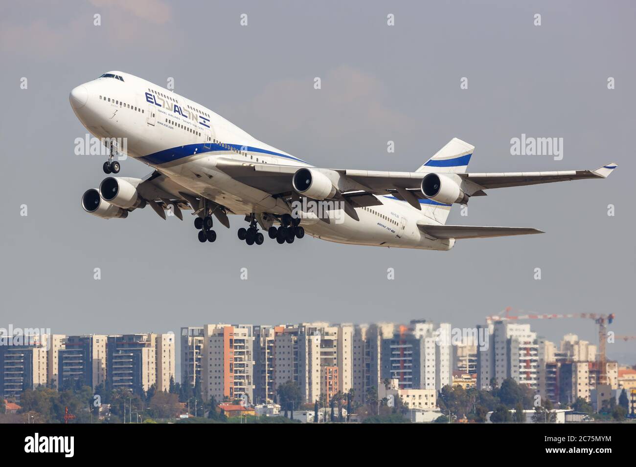 Tel Aviv, Israel - February 24, 2019: El Al Israel Airlines Boeing 747-400 airplane at Tel Aviv airport (TLV) in Israel. Boeing is an American aircraf Stock Photo