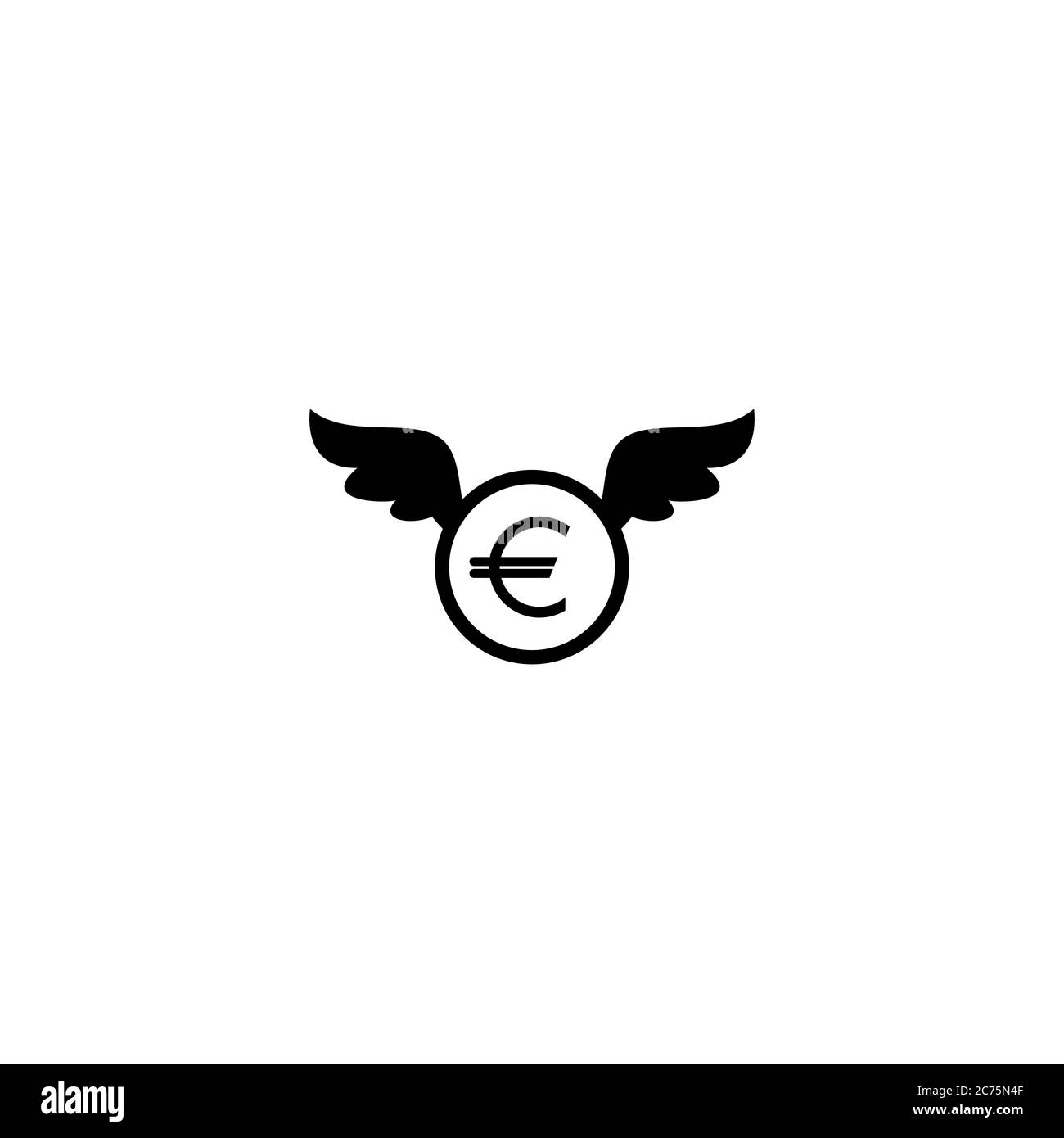 euro coin with wings. Black flat icon isolated on white background. Flying money. Economy, finance, money pictogram. Wealth symbol. Vector illustratio Stock Vector