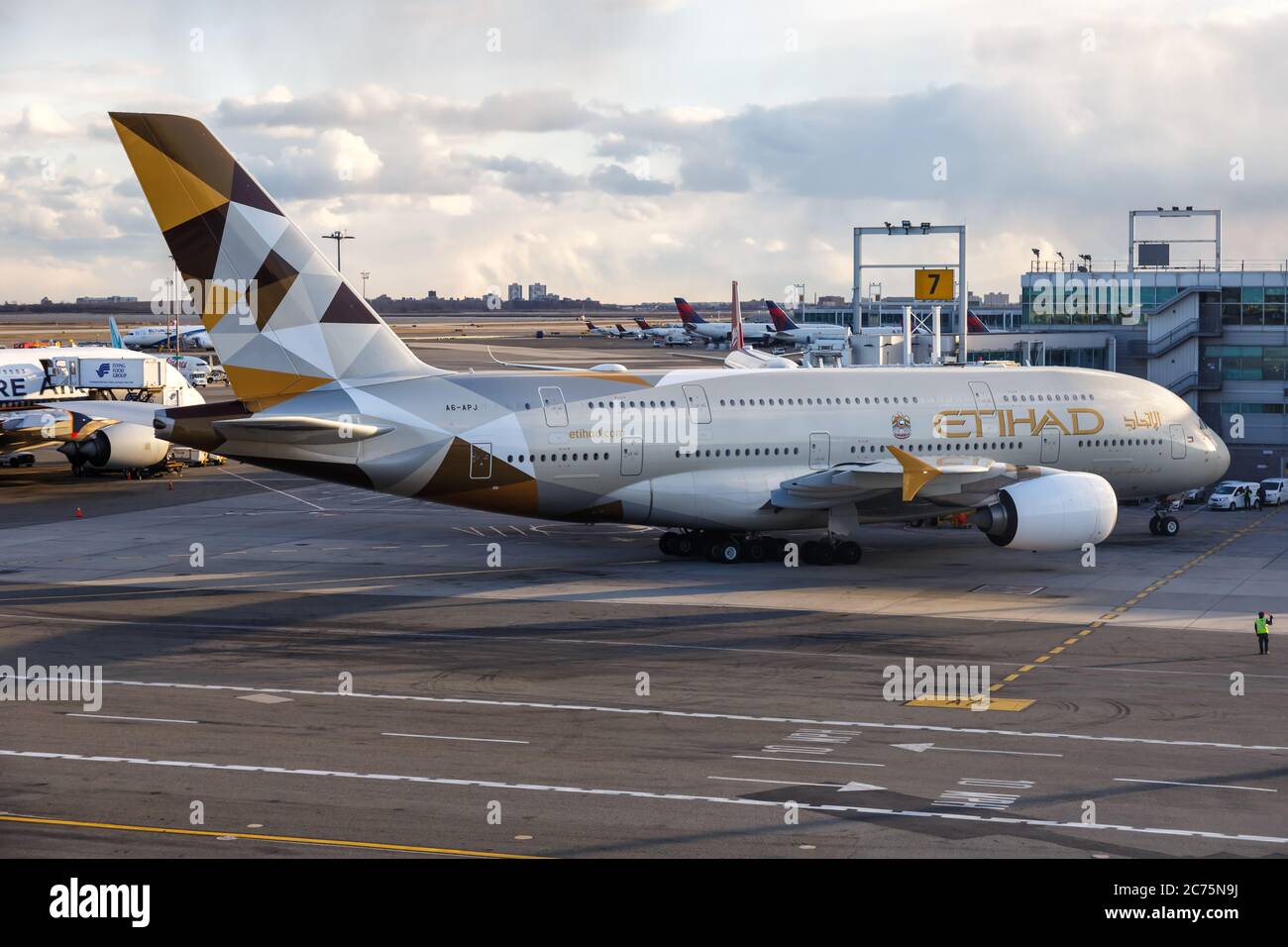 New York City, New York - February 29, 2020: Etihad Airbus A380-800 airplane at New York JFK Airport in the United States. Airbus is a European aircra Stock Photo