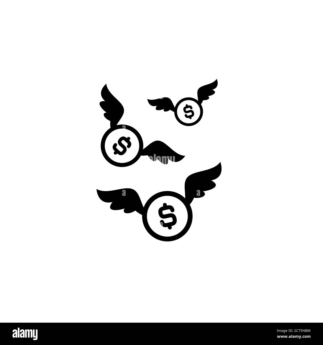 Black dollar coins with white wings. Flat white background. Flying money. Economy, finance, money pictogram. Wealth symbol. Vector illustration. Free, Stock Vector
