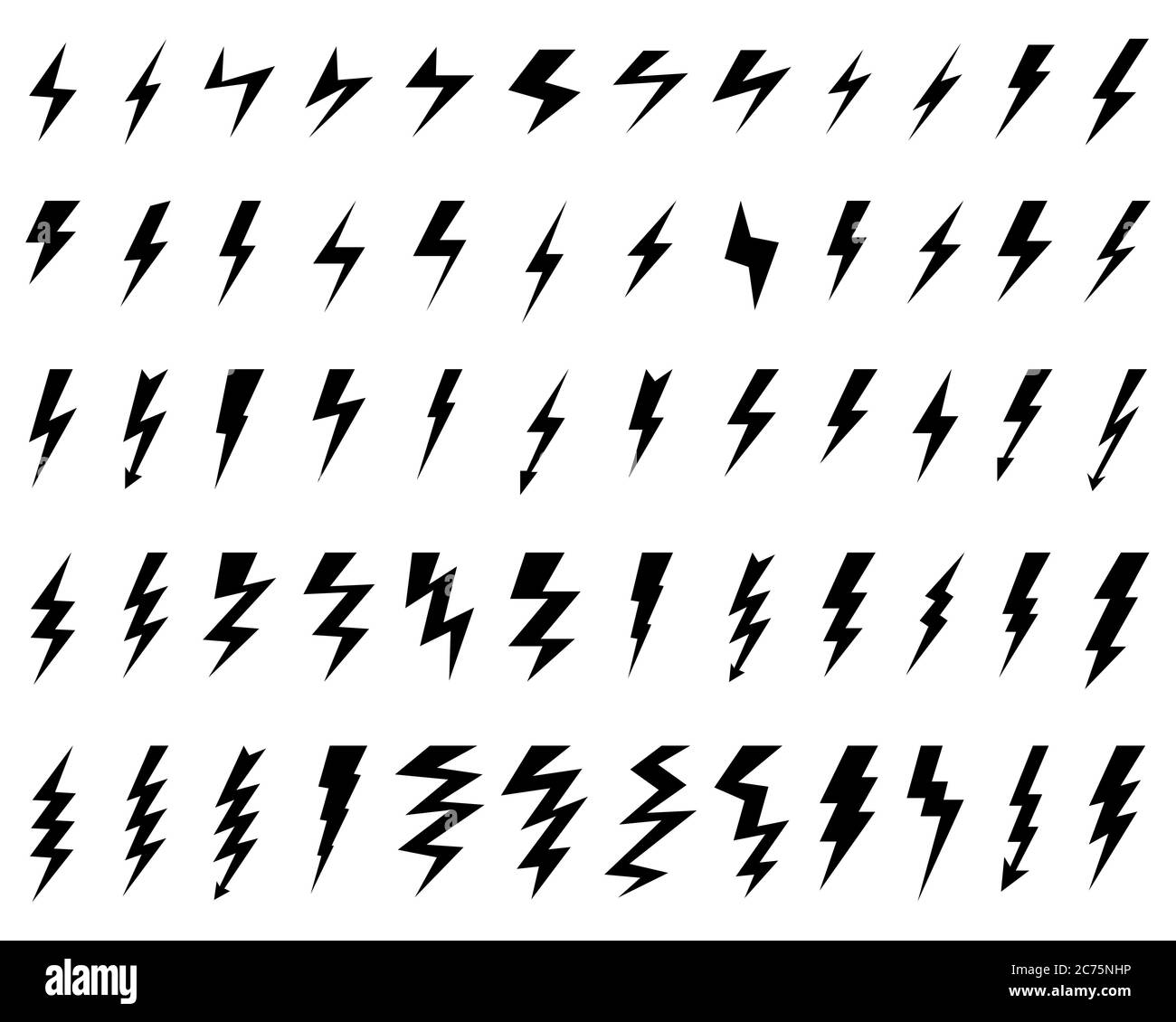 Black icons of thunder and flash lighting on a white background Stock Photo