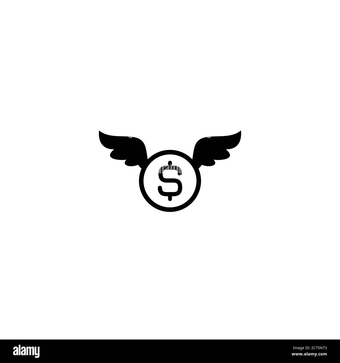 dollar coin with wings. Black flat icon isolated on white background. Flying money. Economy, finance, money pictogram. Wealth symbol. Vector illustrat Stock Vector