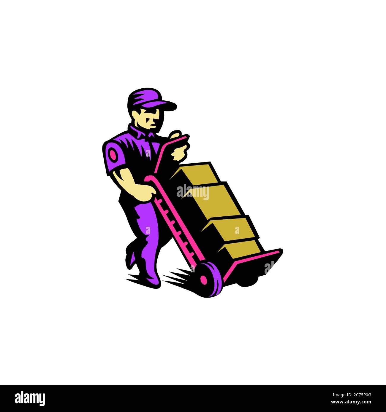 Warehouse worker moving boxes on trolley vector illustration. isolated white background Stock