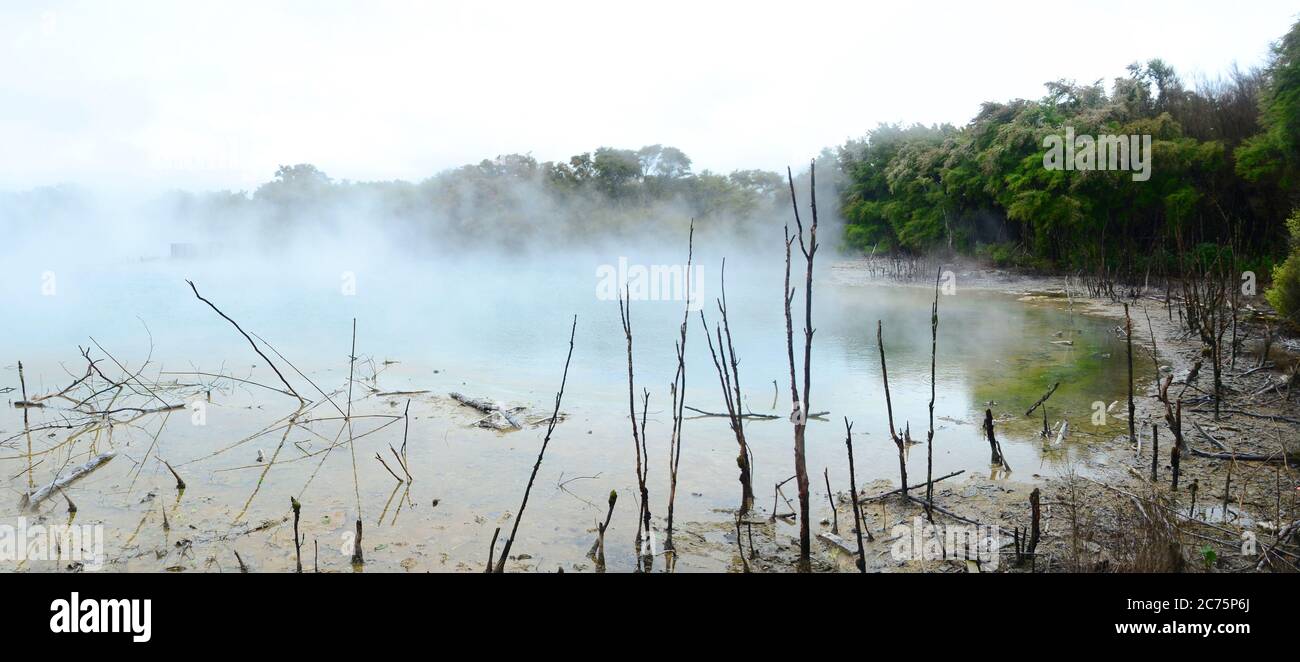 Rotorua, a town set on its namesake lake on New Zealand's North Island, is renowned for its geothermal activity and Maori culture. Stock Photo