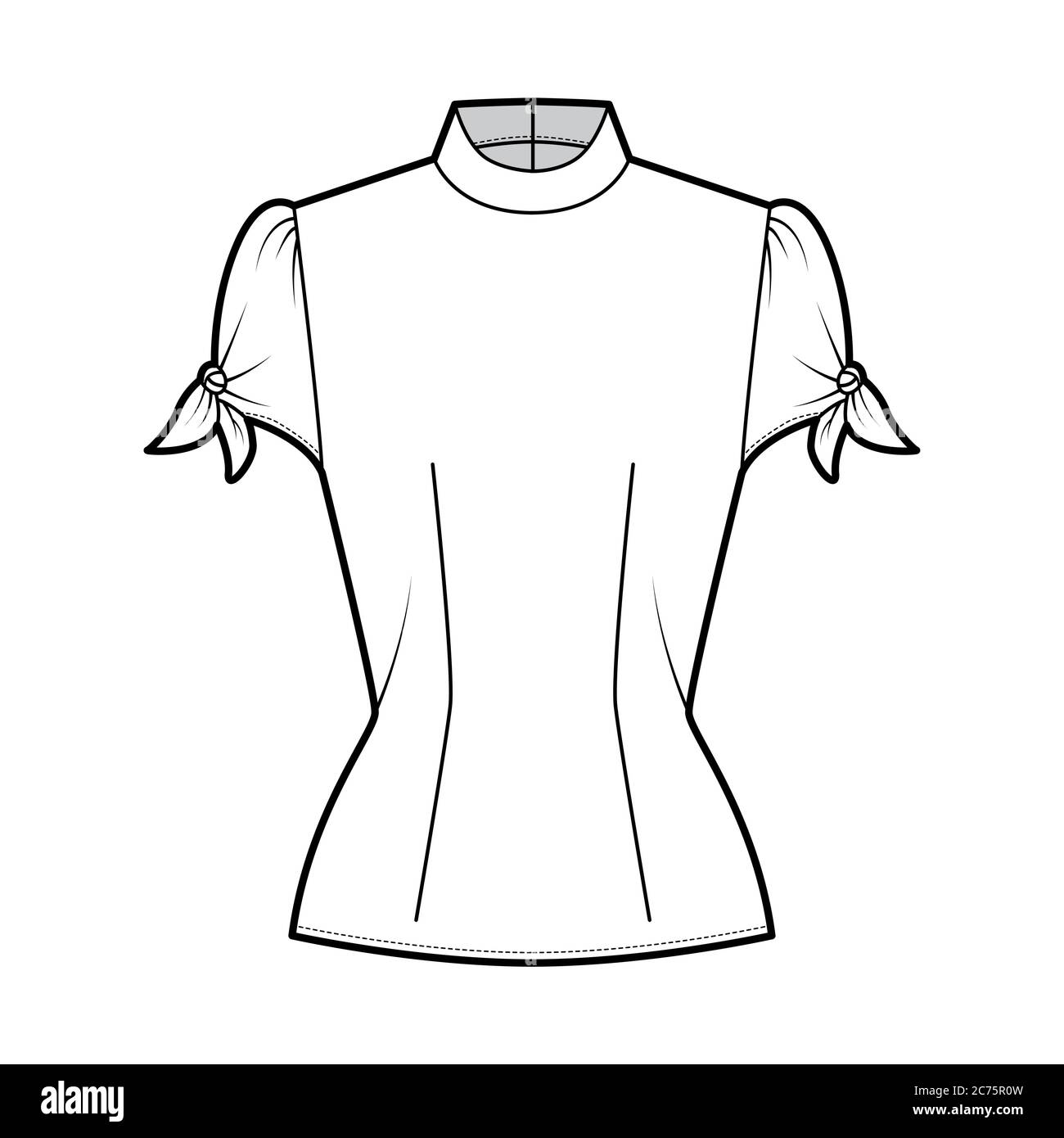 Knotted cutout blouse technical fashion illustration with high neckline, puffed volume sleeves, back zip fastening. Flat apparel template front, white color. Women men unisex garment CAD mockup Stock Vector