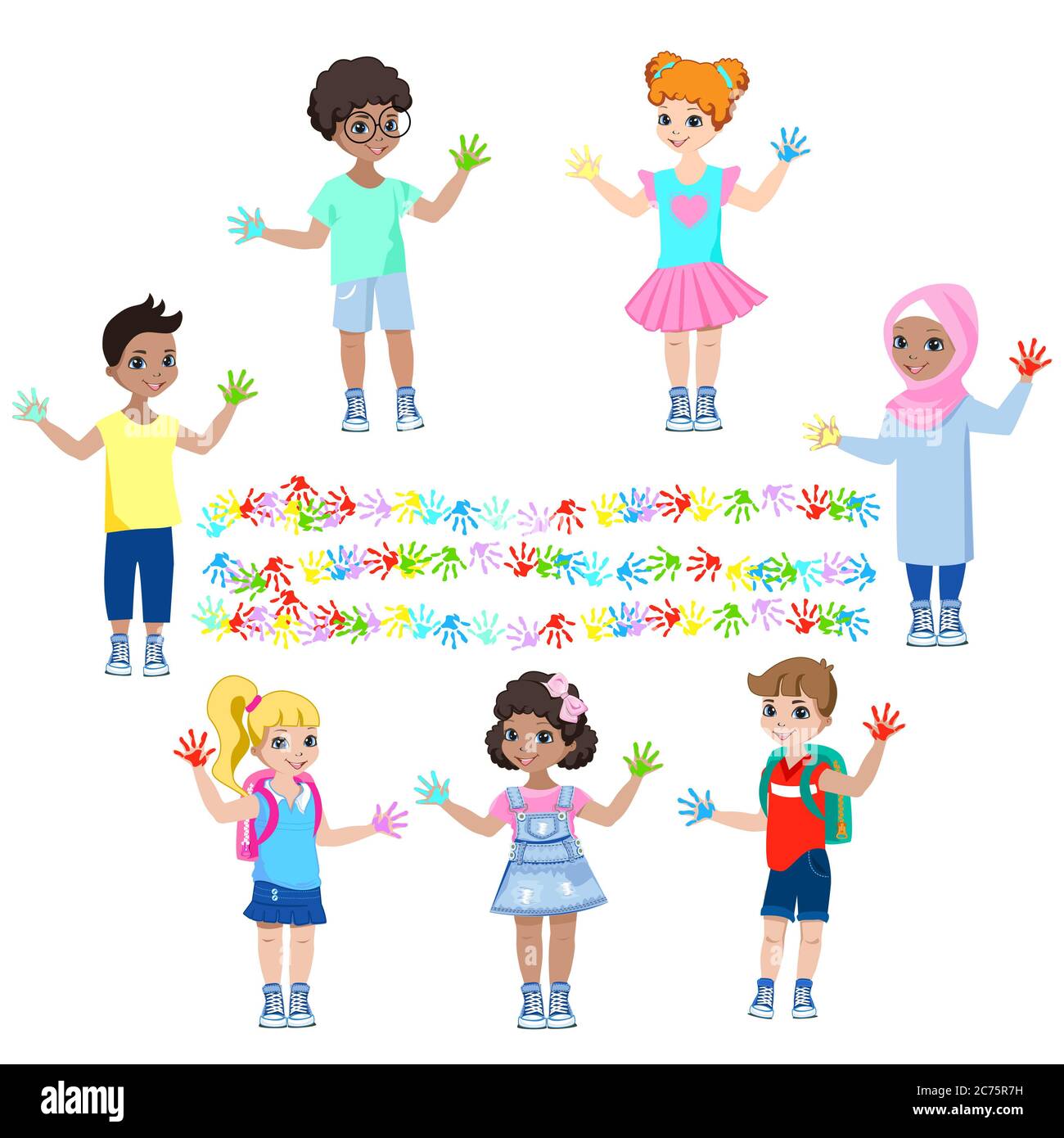 Children show hands in paints Stock Photo