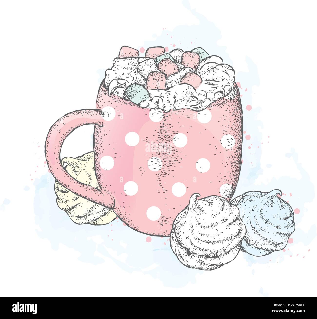 Beautiful Cup In Pea Hot Chocolate And Marshmallows Vector Illustration For A Card Or Poster Print On Clothes Drawing For The Cover Of A Notebook Stock Vector Image Art Alamy