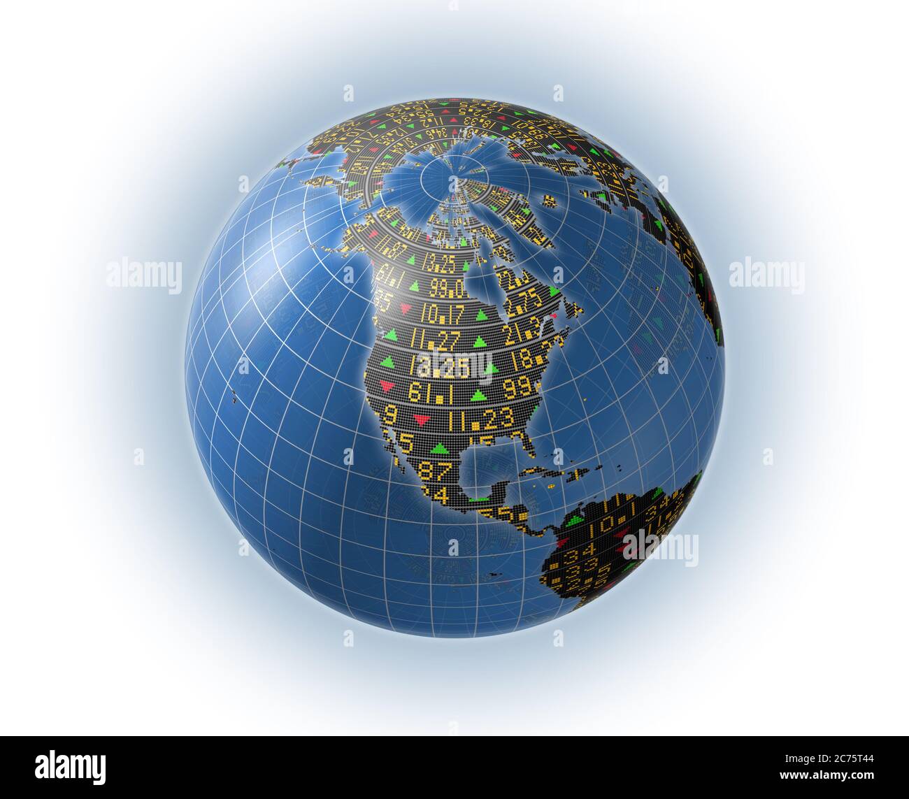 3D illustration of North America covered in stock market tickers for