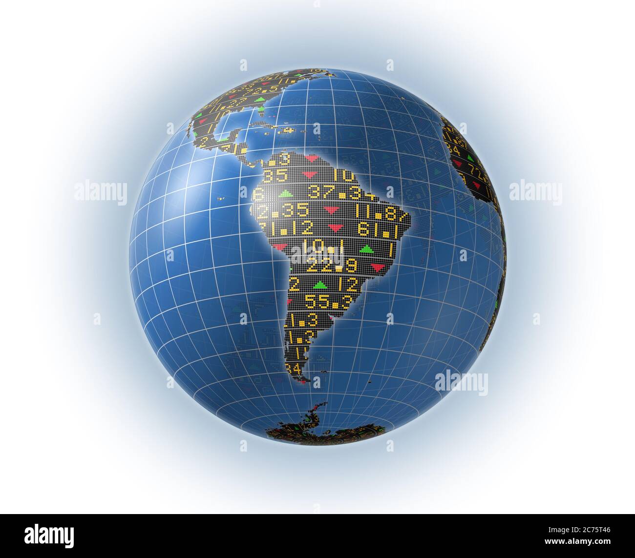 3D illustration of South America covered in stock market tickers for