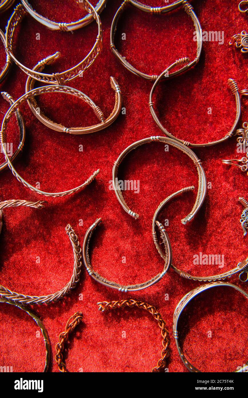Metal bracelets for sale at an open market, Panama city, panama, central america Stock Photo