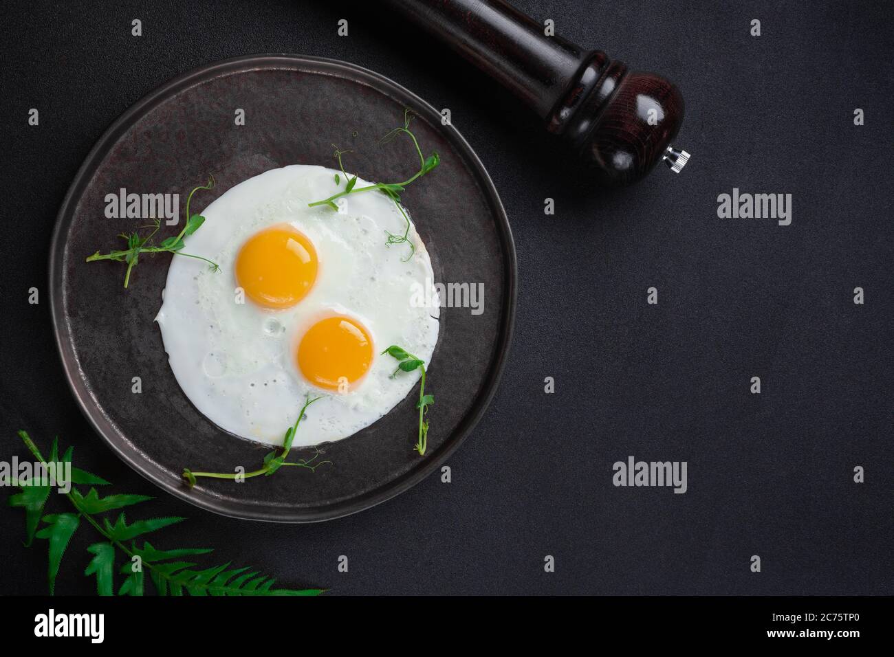 Breakfast with two fried eggs and herbs on black background Stock Photo