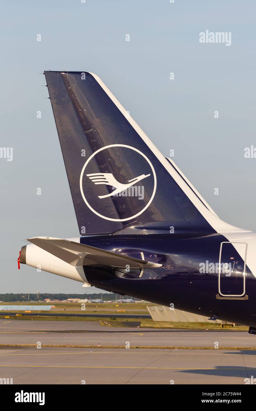 Frankfurt, Germany - May 27, 2020: Lufthansa Airbus crane Logo airplane tail Frankfurt airport in Germany. Stock Photo