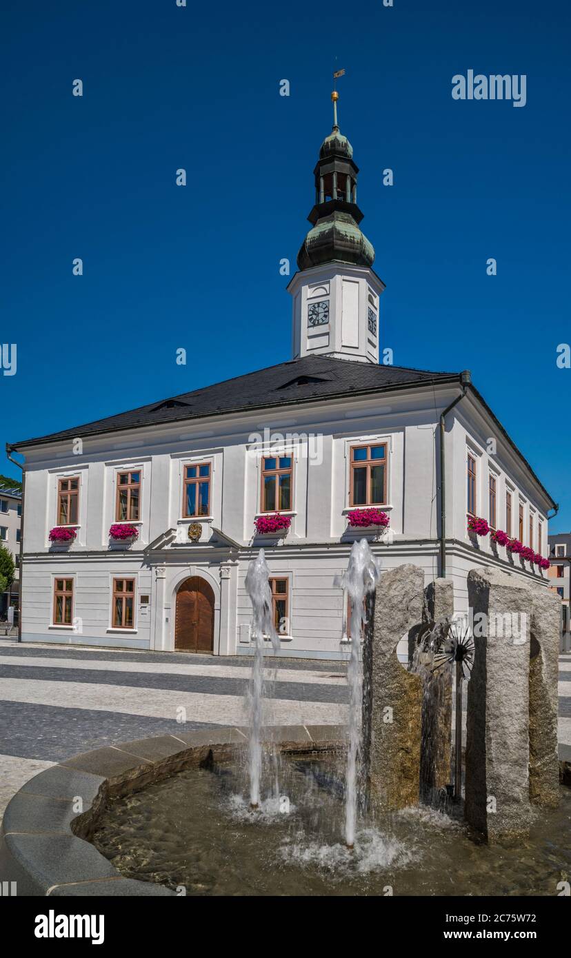 Town Hall, fountain, at Masarykovo namesti in town of Jesenik, Czech Silesia, Olomouc Region, Czech Republic Stock Photo