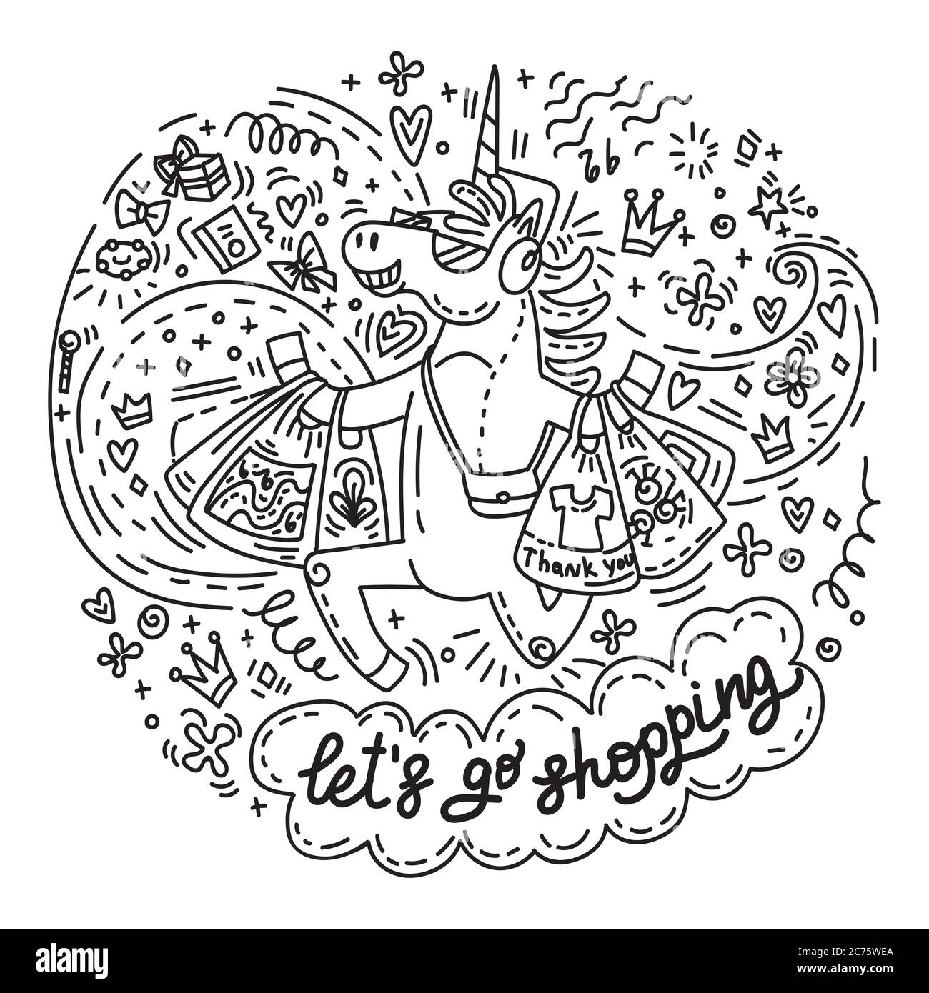 Funny cute unicorn is happy to bought a lot of purchases. Vector humor character in doodle style.Lets go shopping. Isolated illustration for stickers, Stock Vector