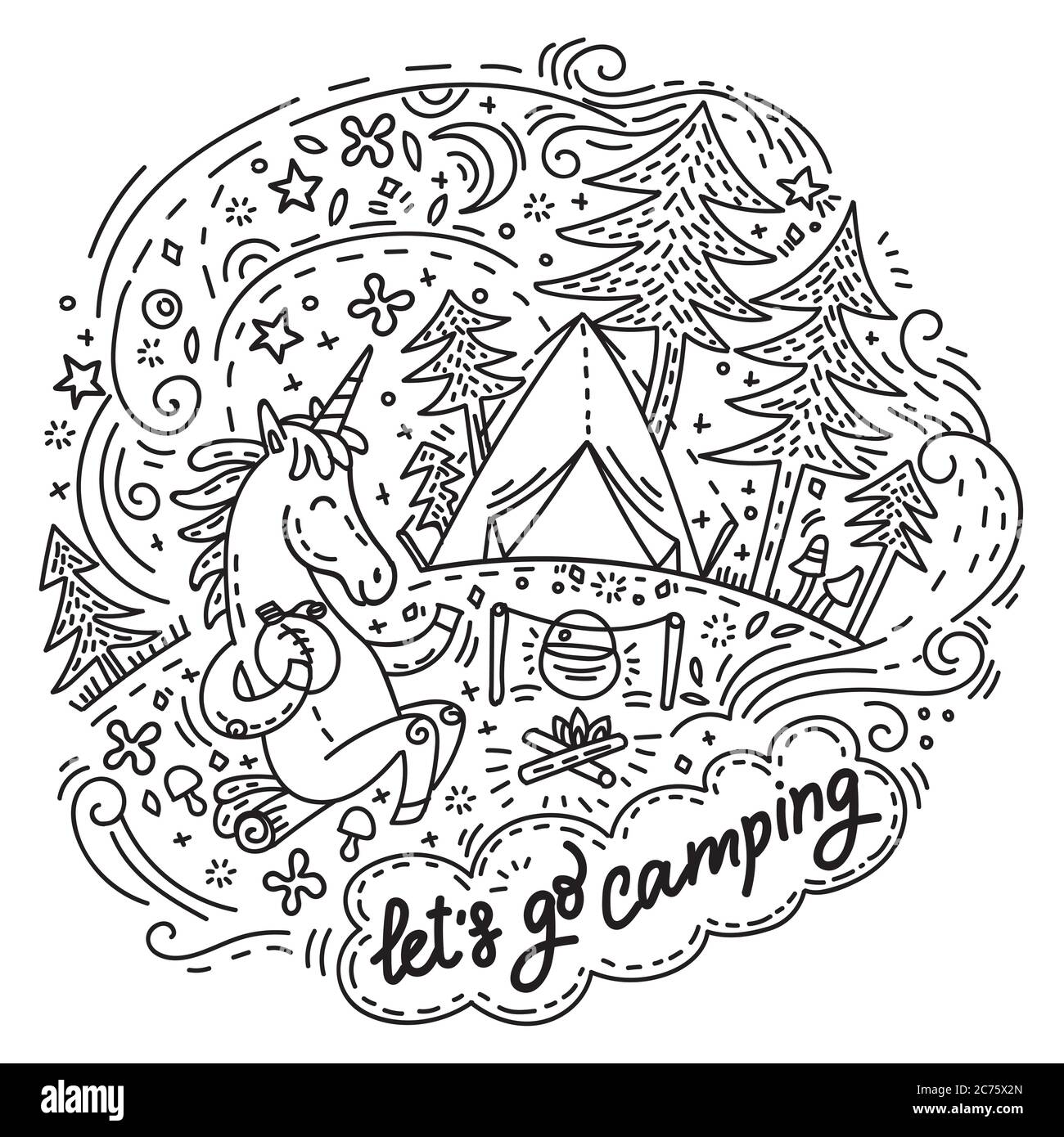 Funny cute unicorn in good mood enjoy camping. Vector humor character in doodle style. Monochrome isolated illustration for stickers, design cushion, Stock Vector