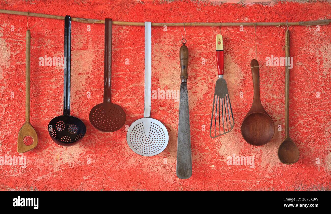 Unusual Cooking Utensils,  my Kitchenalia wall [collection of red  vintage cooking utensils