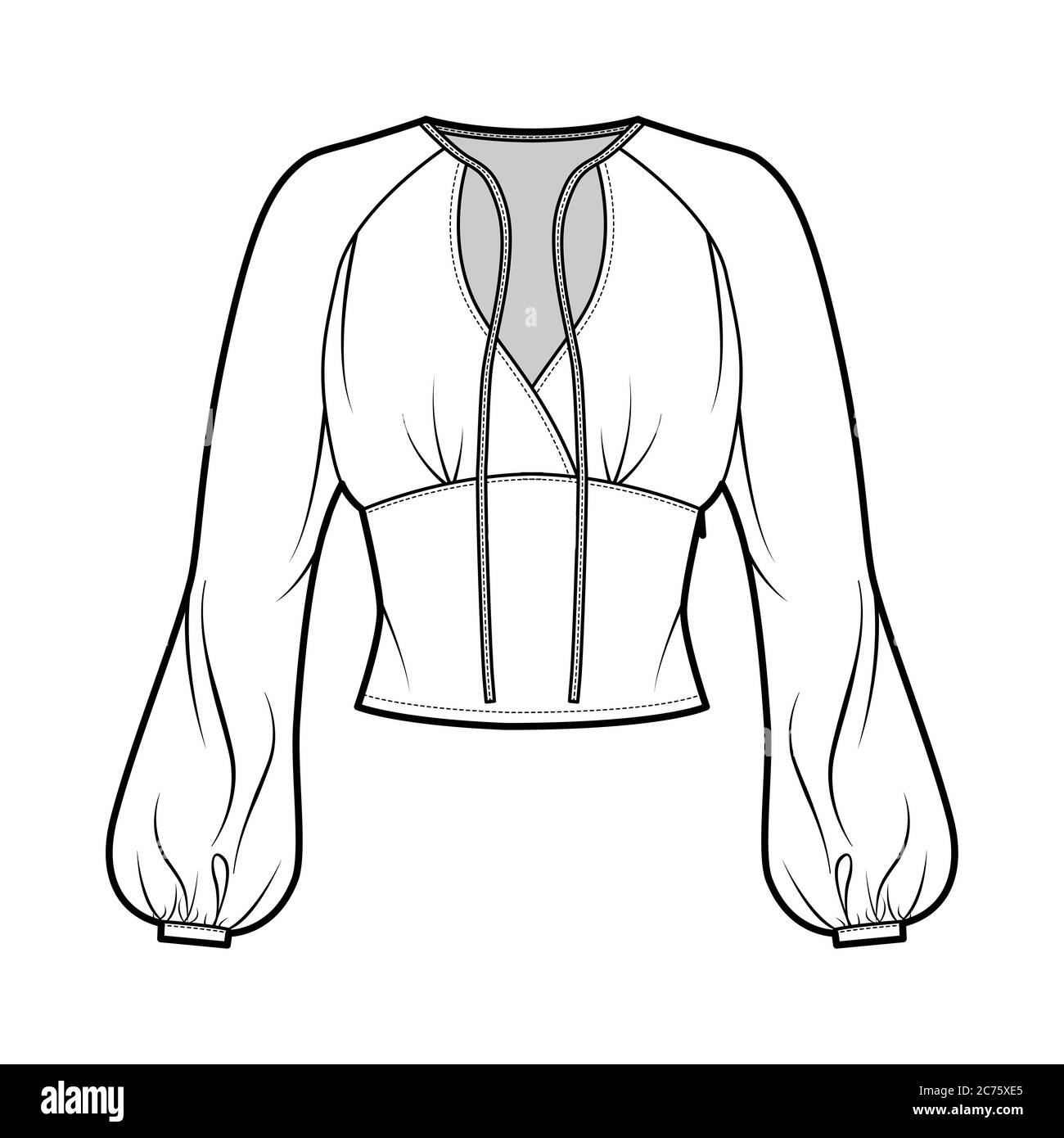 Blouse technical fashion illustration with long bishop sleeves, surplice neckline ties at front, fitted body. Flat apparel shirt template front, white color. Women men, unisex top CAD mockup Stock Vector