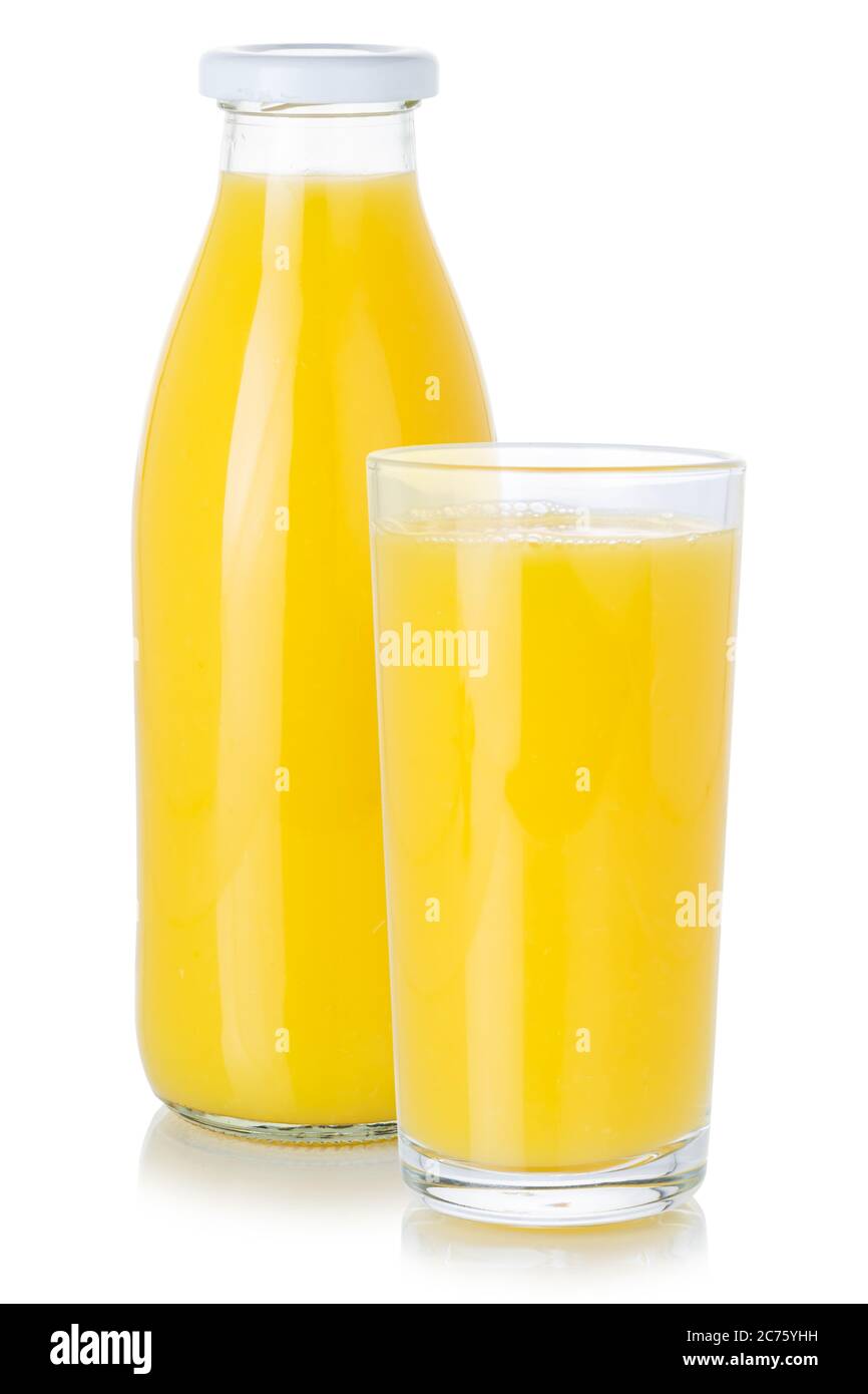 Orange juice drink glass and bottle healthy eating diet isolated on a