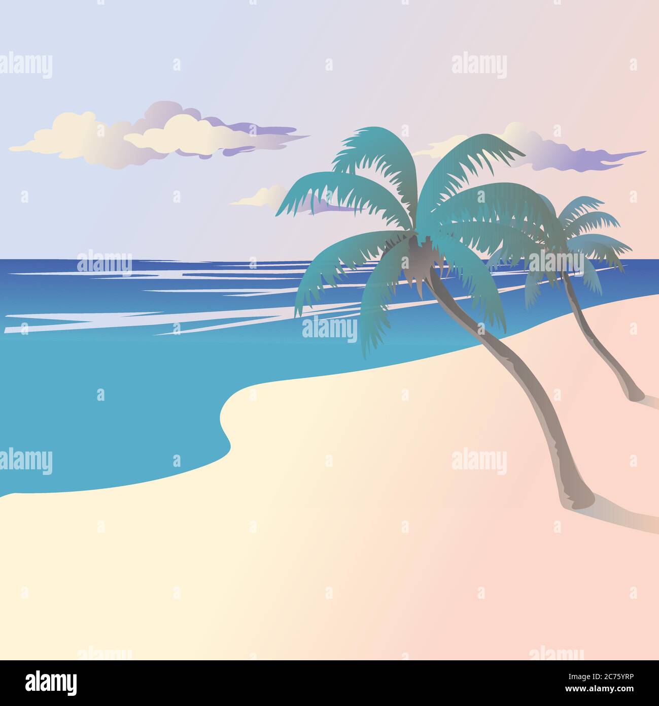 Vector illustration of the landscape of the coast by the sea with palm ...