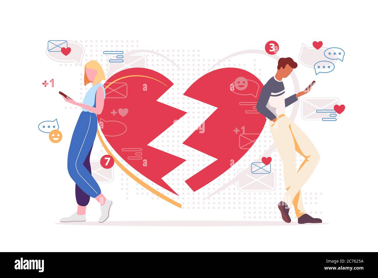 Couple social media addiction illustration. Networking destroys relationship concept. Two people chatting and ignoring each other. Online communication problem. Distance in family due to gadgets. Stock Vector