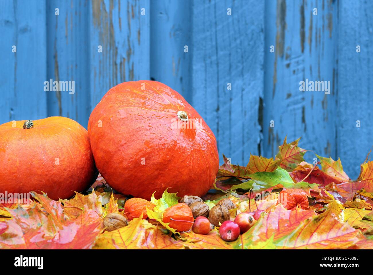 Autumn background with pumpkins, leaves and little apples Stock Photo ...