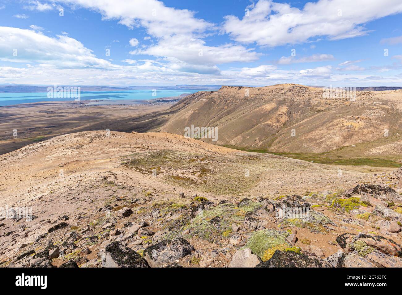View of Argentinean lake, from the top of mount 'Cerro Moyano' Stock Photo