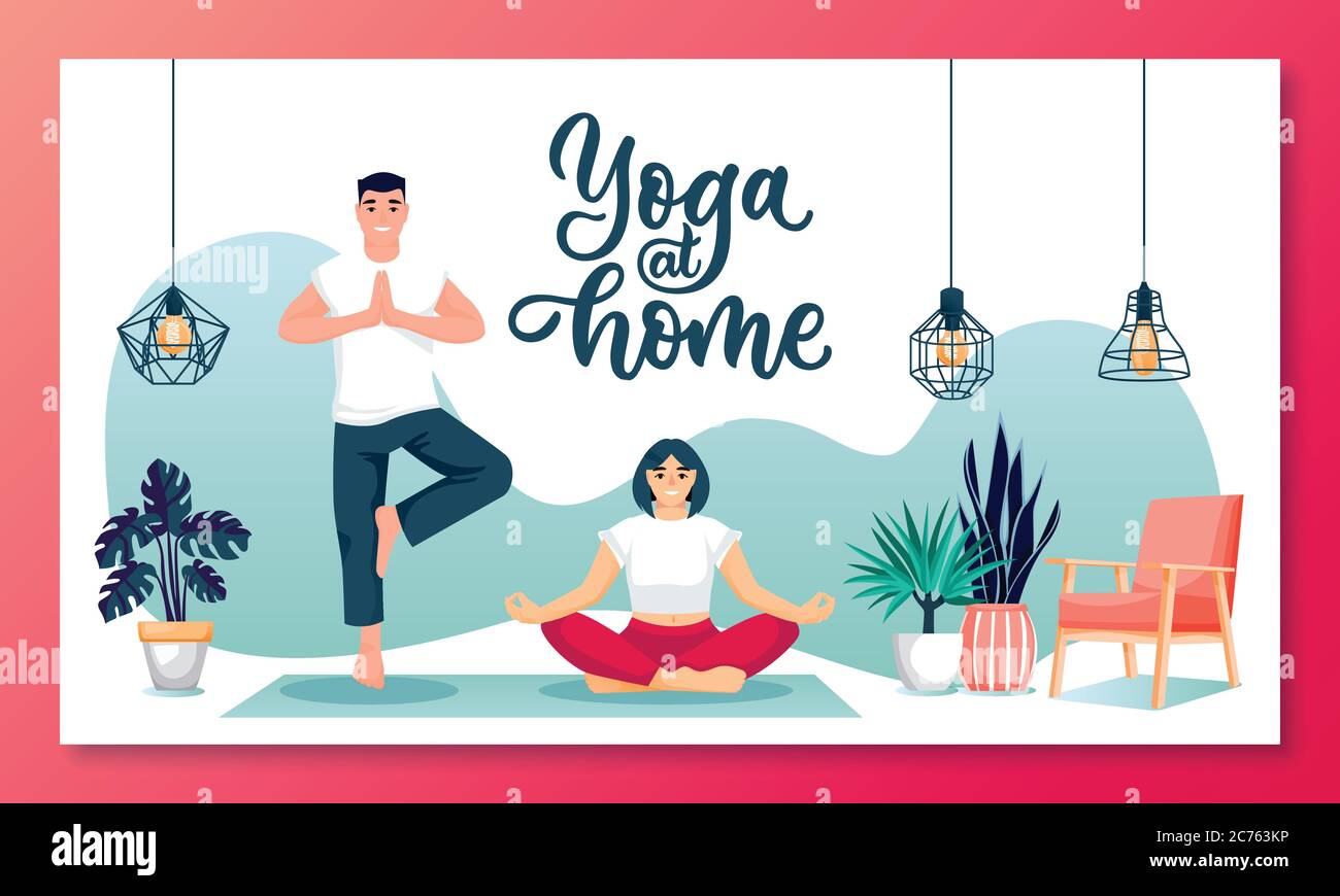 Man and woman doing yoga at home. Vector flat cartoon couple characters illustration. Home yoga exercise practice, meditation. Healthy lifestyle and r Stock Vector