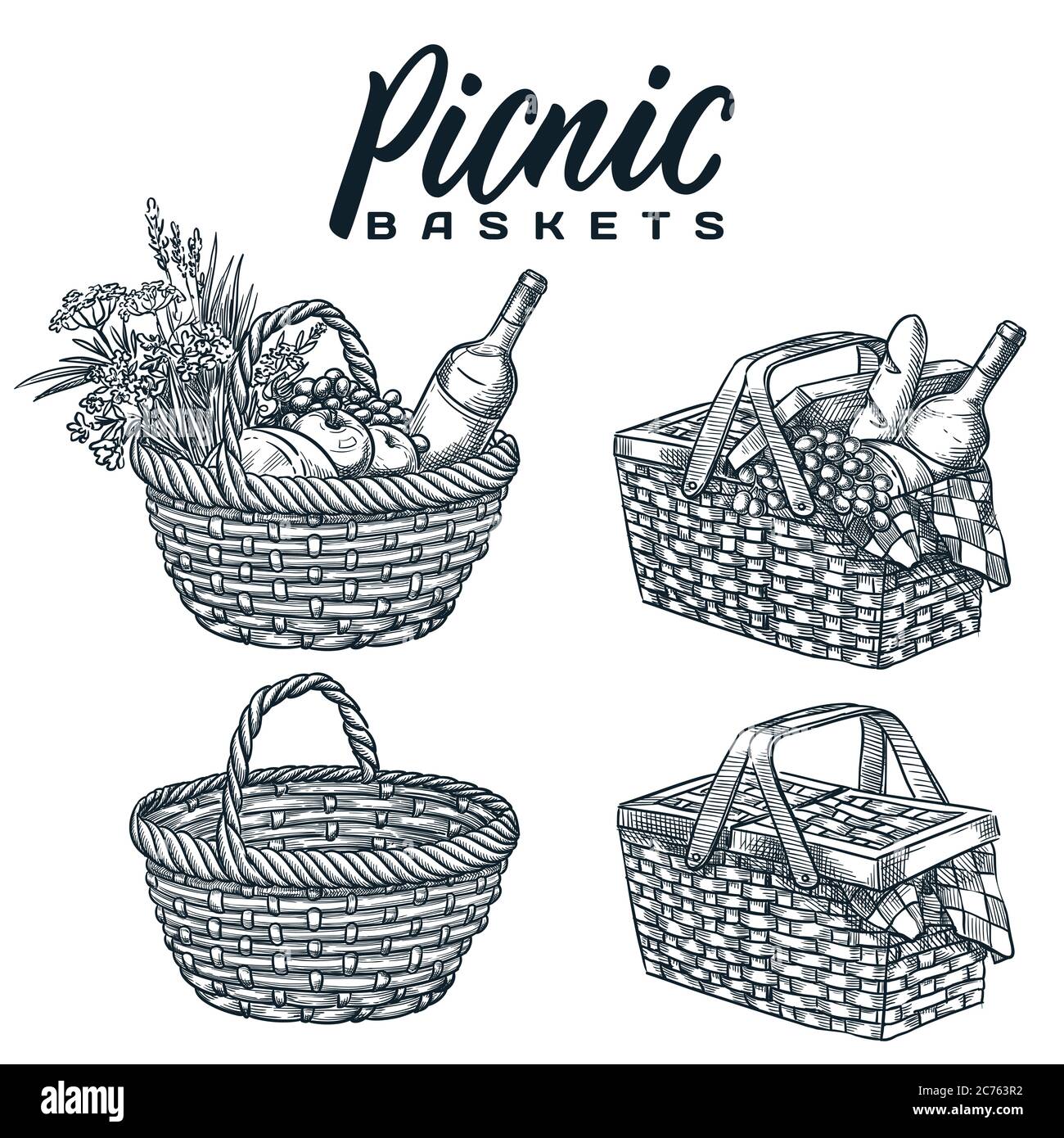 Grill and picnic basket with food on the ground with bush on the  background. Outline vector sketch illustration black on white background  Stock Vector