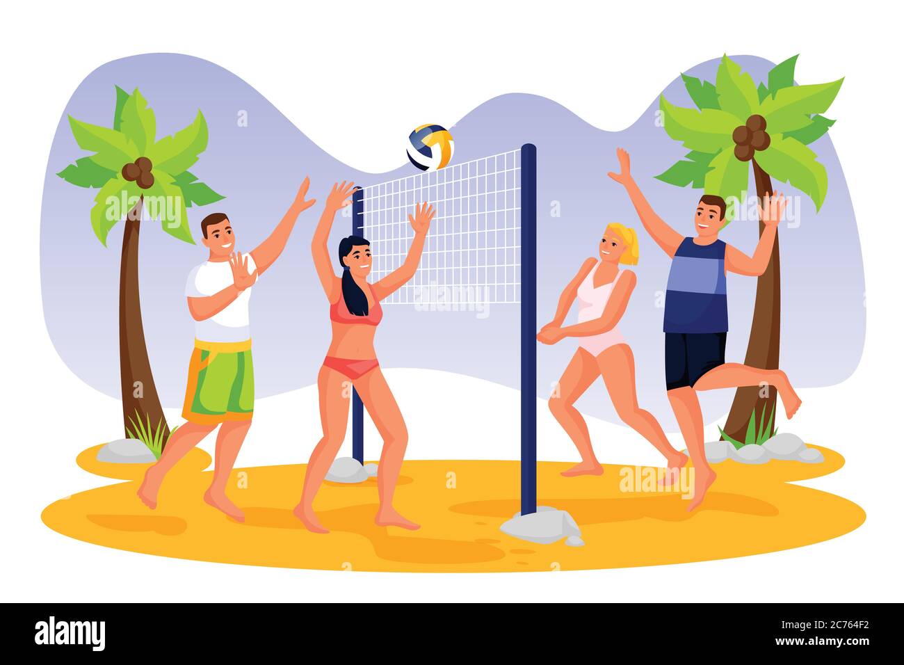 Friends play beach volleyball. Vector flat cartoon people characters illustration. Summer outdoor leisure activities and sport lifestyle. Young men an Stock Vector
