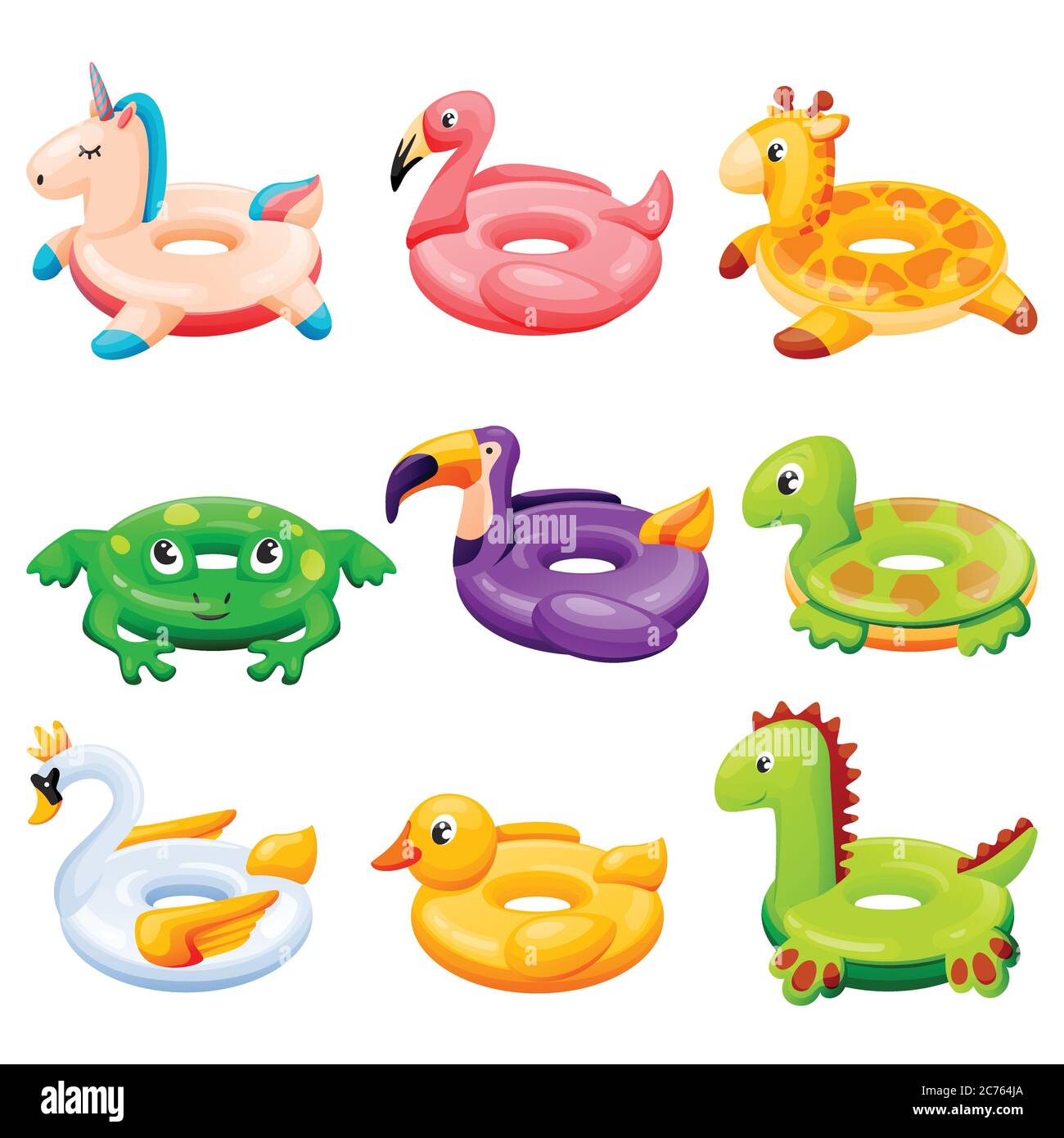 Pool inflatable rings collection. Kids floating toys with animals and birds. Vector illustration. Unicorn, flamingo, duck, giraffe, dinosaur isolated Stock Vector