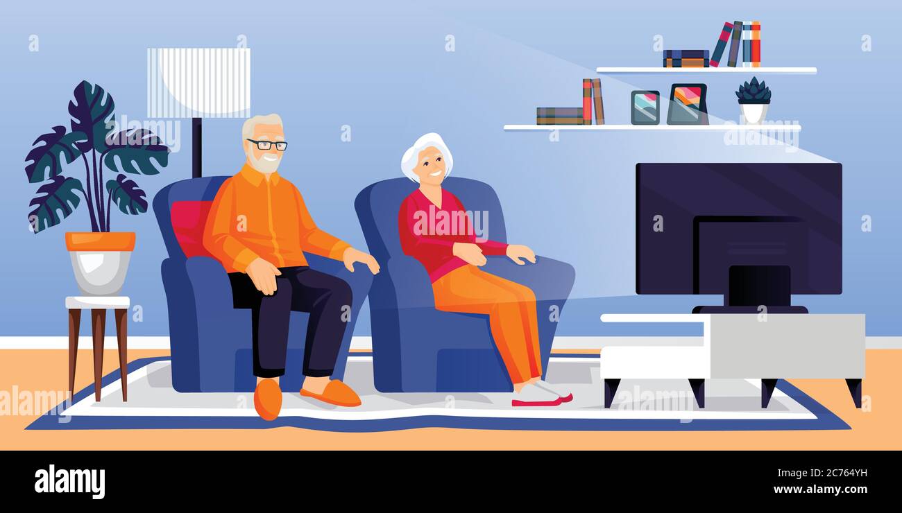 Elderly retirement couple watching TV in living room. Senior man and woman sit on sofa together. Vector flat cartoon illustration. Home movie time, in Stock Vector