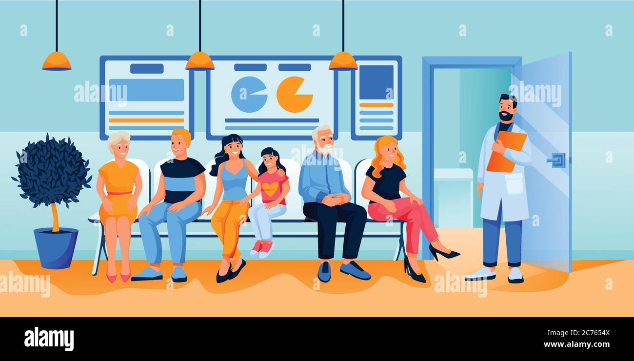 Patients queue at clinic reception. People in hospital waiting for family  doctor or therapist consultation. Vector flat cartoon characters  illustratio Stock Vector Image & Art - Alamy