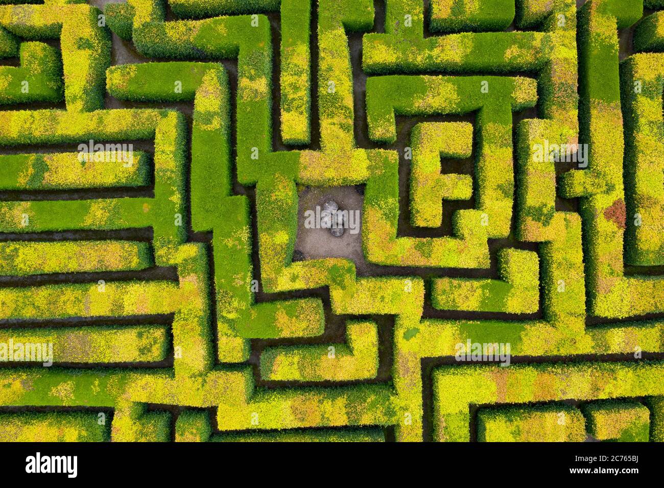 Innerleithen, Scotland, UK. 14 July, 2020, Aerial view of maze at Traquair House in the Scottish Borders, the oldest inhabited house in Scotland. The house is preparing to reopen to the public on Friday. Access to the maze will be limited to one household at a time. Iain Masterton/Alamy Live News Stock Photo
