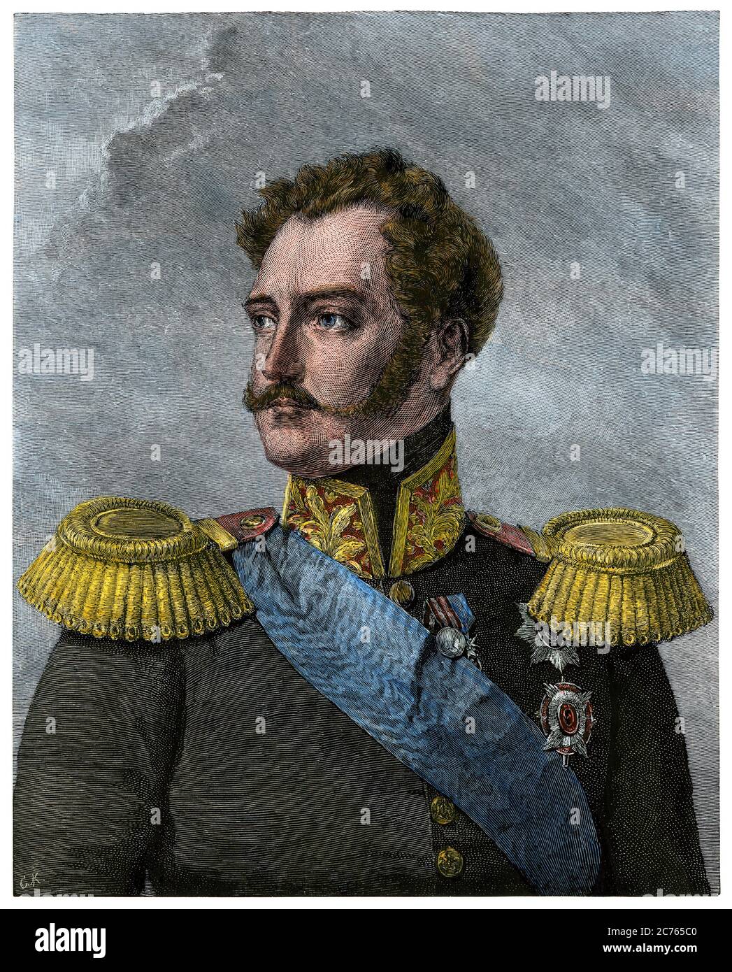 Russian Emperor Nicholas I. Hand-colored woodcut Stock Photo