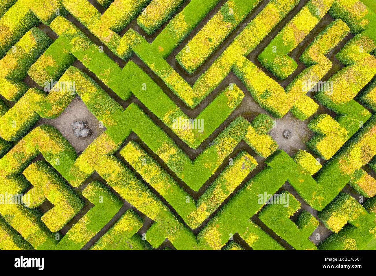 Innerleithen, Scotland, UK. 14 July, 2020, Aerial view of maze at Traquair House in the Scottish Borders, the oldest inhabited house in Scotland. The house is preparing to reopen to the public on Friday. Access to the maze will be limited to one household at a time. Iain Masterton/Alamy Live News Stock Photo